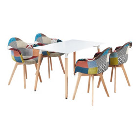 Patchwork Halo Dining Set Includes a White Dining Table & Set of 4 Multicolour Fabric Tub Chairs