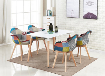 Patchwork Halo Dining Set Includes a White Dining Table & Set of 4 Multicolour Fabric Tub Chairs