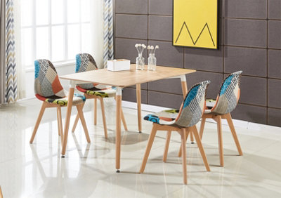 Patchwork Halo Dining Set Includes an Oak Dining Table & Set of 4 Multicolour Fabric Chairs