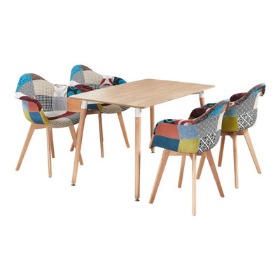 Patchwork Halo Dining Set Includes an Oak Dining Table & Set of 4 Multicolour Fabric Chairs