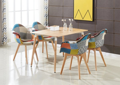 Patchwork Halo Dining Set Includes an Oak Dining Table & Set of 4 Multicolour Fabric Tub Chairs