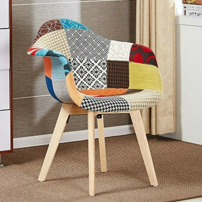 Patchwork Halo Dining Set Includes an Oak Dining Table & Set of 4 Multicolour Fabric Tub Chairs