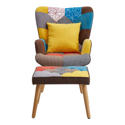 Patchwork Tufted Occasional Armchair Sofa Chair with Cushion and Footstool