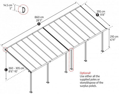 Patio Cover Olympia 3X8.51 Clear - Polycarbonate - L860 x W300 x H305 - White - 5