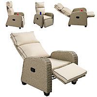 Patio Rattan Recliner Lounger Sofa with Soft Cushion, 170 Degree Adjustable Backrest and Footrest Support 150kg