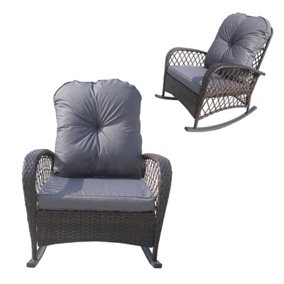 Patio Rattan Rocking Chair, Relaxer Wicker Rocker Armchair with Soft Cushion, All-Weather Steel Frame - Brown