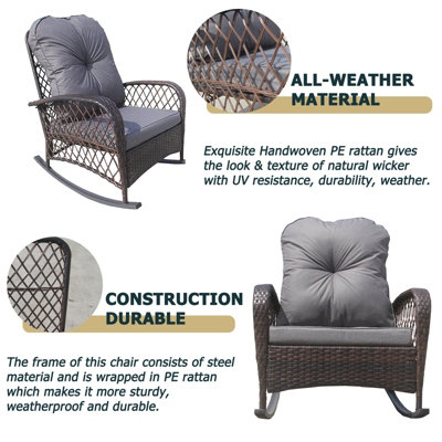 Patio Rattan Rocking Chair, Relaxer Wicker Rocker Armchair with Soft Cushion, All-Weather Steel Frame - Brown