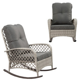 Patio Rattan Rocking Chair, Relaxer Wicker Rocker Armchair with Soft Cushion, All-Weather Steel Frame - Gray