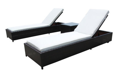 Patio Rattan Sun Lounger Chaise Garden Pool Wicker Recliner 3PCS Recliner Set with Glass Coffee Table  - Brown with Beige  Cushion