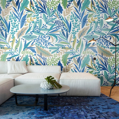 Patterned Leaves Denim Blues - 3 Drop Repeatable Wall Mural
