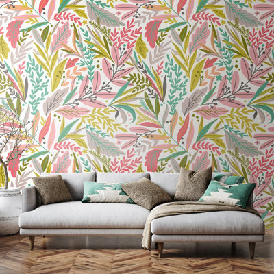 Patterned Leaves Olive & Blush - 3 Drop Repeatable Wall Mural