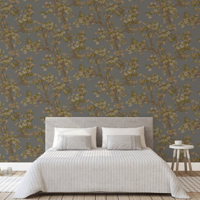 Paul Moneypenny Acer Tree Leaves Textured Charcoal Wallpaper for Grandeco