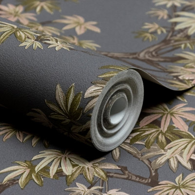 Paul Moneypenny Acer Tree Leaves Textured Charcoal Wallpaper for Grandeco