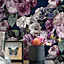 Paul Moneypenny Gabrielle Maximalist Plum Floral on Navy Wallpaper for Grandeco