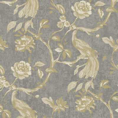 Paul Moneypenny Glistening Gold Paradise Birds Trail Charcoal Textured Wallpaper for Grandeco