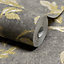 Paul Moneypenny Glistening Gold Paradise Birds Trail Charcoal Textured Wallpaper for Grandeco