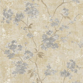 Paul Moneypenny Grey Anethe Blossom Trail Textured Neutral Wallpaper for Grandeco