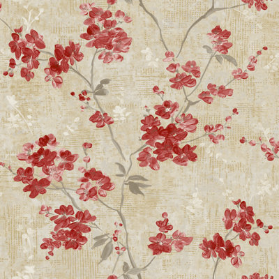 Paul Moneypenny Red Anethe Blossom Trail Textured Neutral Wallpaper for Grandeco