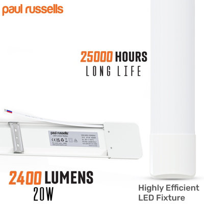 paul russells 2 ft LED Batten Tube Lights, 20W 2400 Lumens, IP20, 6500K Day Light, Ultra Slim, Pack of 5