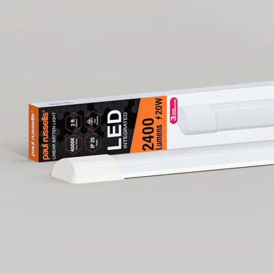 paul russells 2ft LED Batten Tube Lights, 20W 2400 Lumens, IP20, 4000K Cool White, Ultra Slim, Pack of 1