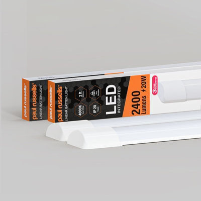 paul russells 2ft LED Batten Tube Lights, 20W 2400 Lumens, IP20, 4000K Cool White, Ultra Slim, Pack of 2