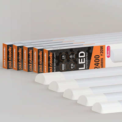 paul russells 2ft LED Batten Tube Lights, 20W 2400 Lumens, IP20, 4000K Cool White, Ultra Slim, Pack of 5