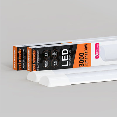 paul russells 4 ft LED Batten Tube Lights, 30W 3000 Lumens, IP20, 4000K Cool White, Ultra Slim, Pack of 2