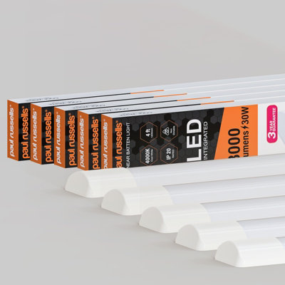 paul russells 4 ft LED Batten Tube Lights, 30W 3000 Lumens, IP20, 4000K Cool White, Ultra Slim, Pack of 5
