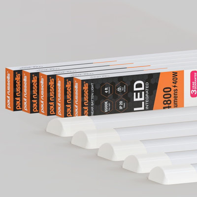 paul russells 4 ft LED Batten Tube Lights, 40W 4800 Lumens, IP20, 6500K Day Light, Ultra Slim, Pack of 5