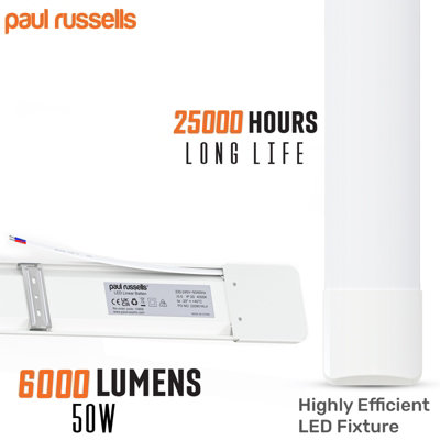 paul russells 5ft LED Batten Tube Lights, 50W 6000 Lumens, IP20, 4000K Cool White, Ultra Slim, Pack of 2