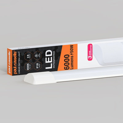 paul russells 5ft LED Batten Tube Lights, 50W 6000 Lumens, IP20, 6500K Day Light, Ultra Slim, Pack of 1