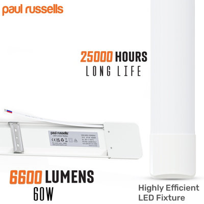 paul russells 6ft LED Batten Tube Lights, 60W 6600 Lumens, IP20, 4000K Cool White, Ultra Slim, Pack of 1