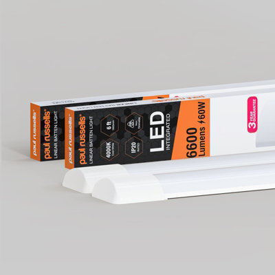 paul russells 6ft LED Batten Tube Lights, 60W 6600 Lumens, IP20, 4000K Cool White, Ultra Slim, Pack of 2
