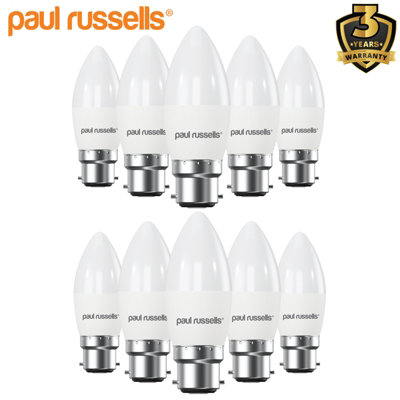 paul russells LED Candle Dimmable Bulb Bayonet Cap BC B22, 5.5W 470Lumens C37, 40w Equivalent, 2700K Warm White Light, Pack of 10