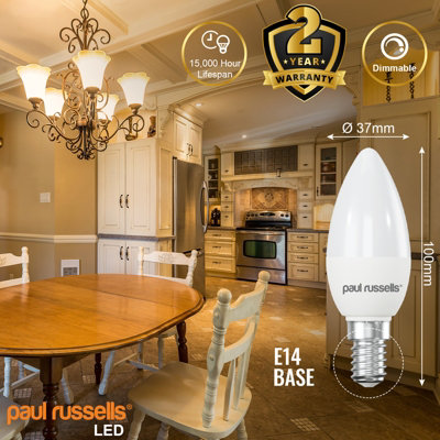 paul russells LED Candle Dimmable Bulb Small Edison Screw SES E14, 5.5W 470Lumens C37 40w Equivalent, 2700K Warm White, Pack of 10