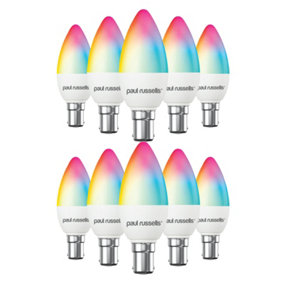 paul russells LED Candle Smart Bulbs, 4.8W, Dimmable, 40W Equivalent, WiFi, RGB+2700K-6500K SBC B15 Small Bayonet Cap, Pack of 10