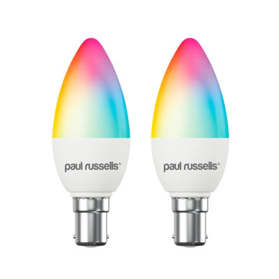 paul russells LED Candle Smart Bulbs, 4.8W, Dimmable, 40W Equivalent, WiFi, RGB+2700K-6500K SBC B15 Small Bayonet Cap, Pack of 2