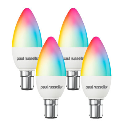 paul russells LED Candle Smart Bulbs, 4.8W, Dimmable, 40W Equivalent, WiFi, RGB+2700K-6500K SBC B15 Small Bayonet Cap, Pack of 4