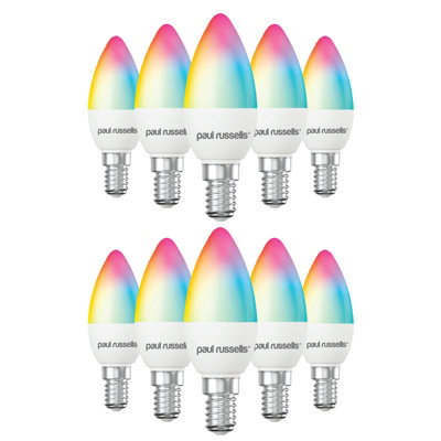paul russells LED Candle Smart Bulbs, 4.8W, Dimmable, 40W Equivalent, WiFi, RGB+2700K-6500K SES E14 Small Edison Screw, Pack of 10