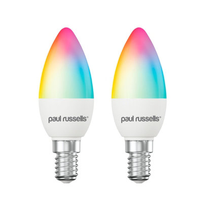 paul russells LED Candle Smart Bulbs, 4.8W, Dimmable, 40W Equivalent, WiFi, RGB+2700K-6500K SES E14 Small Edison Screw, Pack of 2