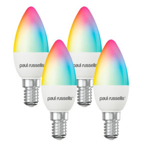 paul russells LED Candle Smart Bulbs, 4.8W, Dimmable, 40W Equivalent, WiFi, RGB+2700K-6500K SES E14 Small Edison Screw, Pack of 4