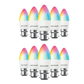 paul russells LED Candle Smart Light Bulb, 4.8W, Dimmable, 40W Equivalent, WiFi, RGB+2700K-6500K BC B22 Bayonet Cap, Pack of 10