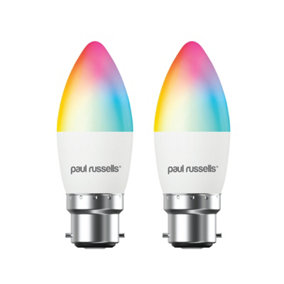 paul russells LED Candle Smart Light Bulb, 4.8W, Dimmable, 40W Equivalent, WiFi, RGB+2700K-6500K BC B22 Bayonet Cap, Pack of 2
