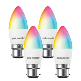 paul russells LED Candle Smart Light Bulb, 4.8W, Dimmable, 40W Equivalent, WiFi, RGB+2700K-6500K BC B22 Bayonet Cap, Pack of 4