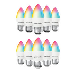 paul russells LED Candle Smart Light Bulb, 4.8W, Dimmable, 40W Equivalent, WiFi, RGB+2700K-6500K ES E27 Edison Screw, Pack of 10