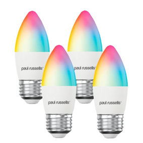 paul russells LED Candle Smart Light Bulb, 4.8W, Dimmable, 40W Equivalent, WiFi, RGB+2700K-6500K ES E27 Edison Screw, Pack of 4