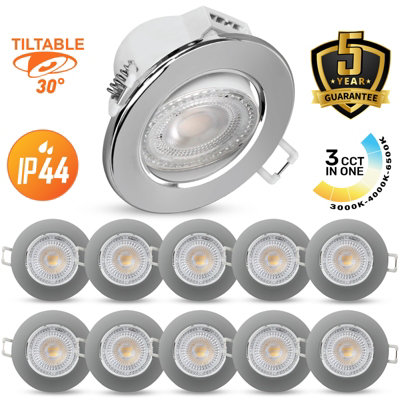 paul russells LED Downlight Chrome Tilt Recessed Ceiling Spotlight 4.8W 500 Lumens IP44 Colour Changeable CCT3 pack of 10