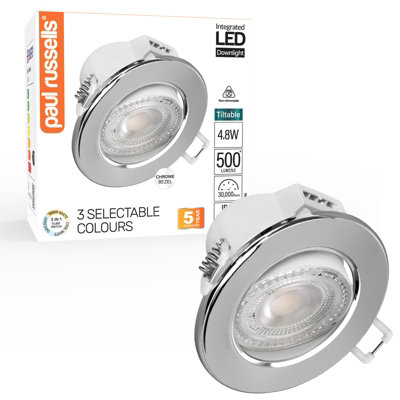 paul russells LED Downlight Chrome Tilt Recessed Ceiling SpotLight 4.8W 500 Lumens, IP44, Colour Changeable CCT3