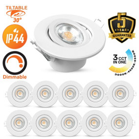 paul russells LED Downlight White Dimmable Tilt Recessed Ceiling SpotLight 6W 560 Lumens, IP44, Colour Changeable CCT3, Pack of 10