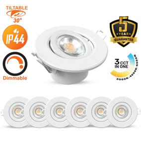 paul russells LED Downlight White Dimmable Tilt Recessed Ceiling SpotLight 6W 560 Lumens, IP44, Colour Changeable CCT3, Pack of 6